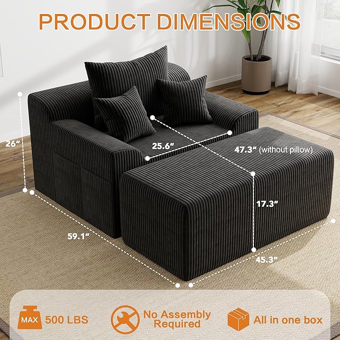LSSBOUGHT 60'' Chaise Lounge Chair Indoor, Oversized Upholstered Sofa Bed, Sleeper Couch Reading Chairs Plush Corduroy Fabric Sofas Couches for Living Room (Black)