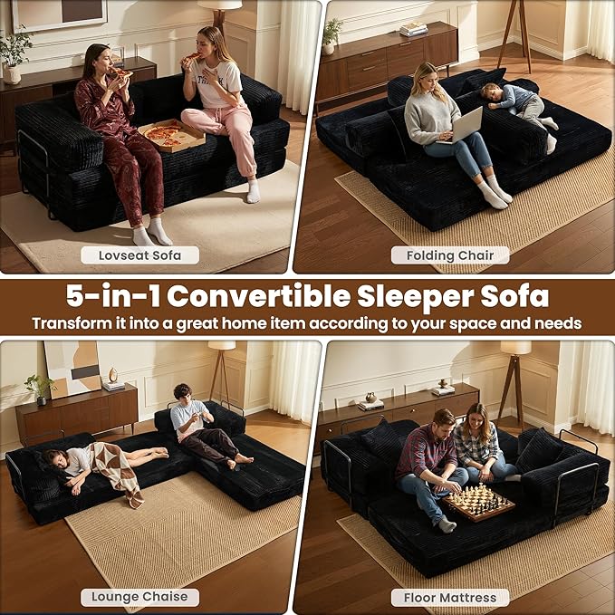 ovios 81" Folding Sofa Bed, Foldable Sleeper Boneless Couch with Pull Out Beds, Modular Convertible Floor Futon Loveseat Lounger for Living Room (Corduroy, Black)