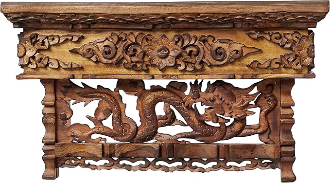 Tribe Azure Fair Trade Small Altar Table, Meditation Table Altar, Small Puja Table, Meditation Altar Wood Wiccan Buddhist, Tea Japanese, Low Side Dragon (Small)