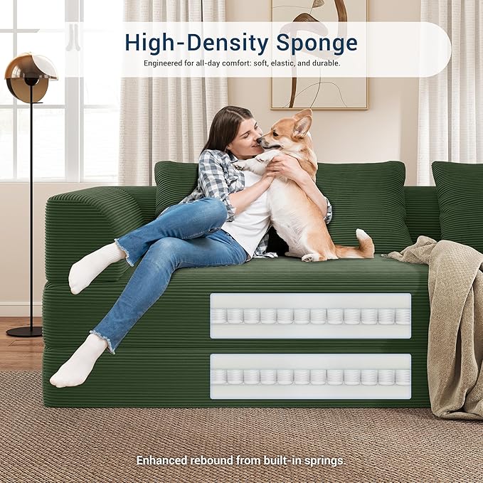 Cloud Boneless Convertible Sleeper Sofa Bed for Living Room 89" 4-in-1 Foldable Compressed Lounge 3 Seater Floor Couches High-Density Sponge & Corduroy Fabric Multi-Form Pull Out Futon Daybed(Green)