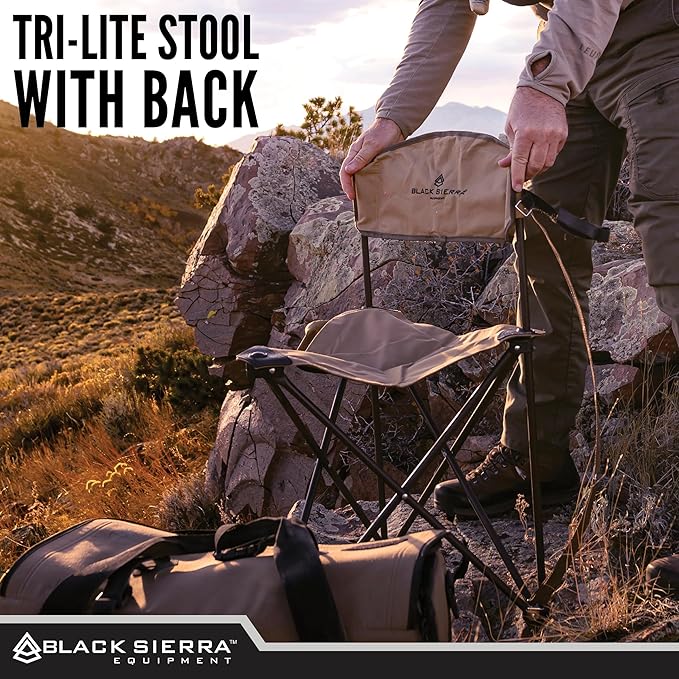 Black Sierra Tri-Lite Stool with Back Lightweight, Folding Chair, for Camping, Hunting, and Fishing, Steel Frame Supports 225 LBS (TAN 2)