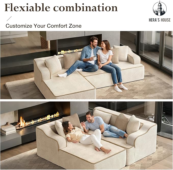 HERA'S HOUSE 105" Cloud Sectional Couch, Modular Upholstered Sofa with L-Shaped Chaise, Corduroy Boneless Couches with Wide Armrest and 5 Throw Pillows for Living Room, No Assembly Required, Beige