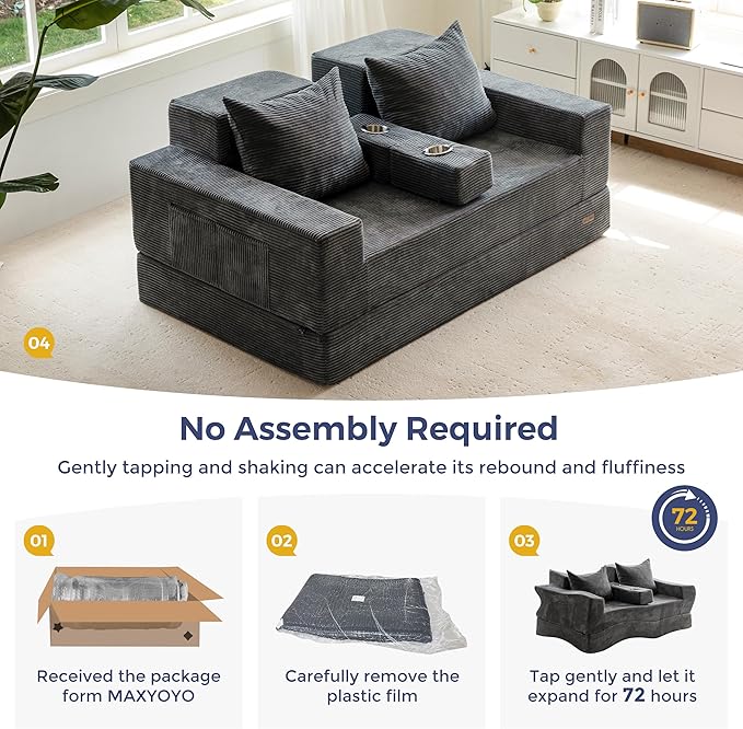 MAXYOYO Loveseat Sofa Bed, 64" Foldable Floor Sofa Couch in A Box with 2 Cup Holders, 4 in 1 Convertible Boneless Couch Folding Recliner Sleeper Chair for Living Room, No Assembly Required, Dark Grey