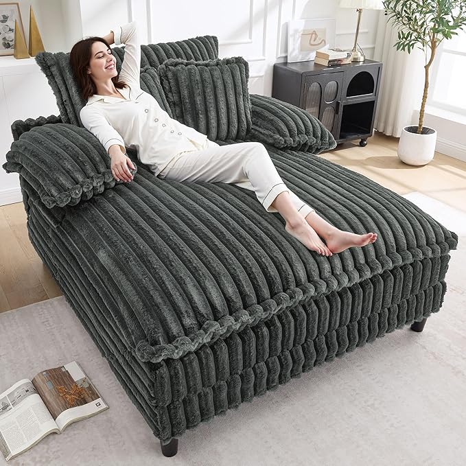 54.8" W Oversized Chaise Lounge Chair Indoor with 5-Position Adjustable Backrest, Plush Sleeper Sofa Bed with Pillows, Upholstered Cloud Couch Chair for Living Room, Study Room, Dark Grey