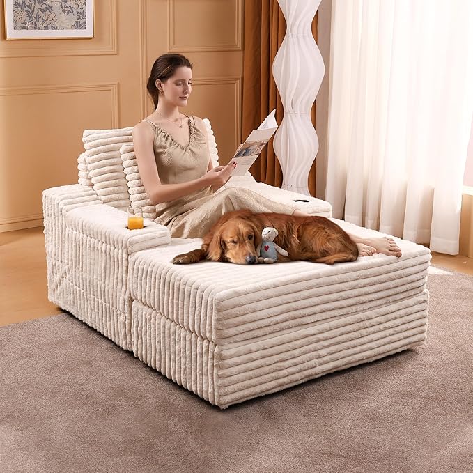 GarveeHome Oversized Chaise Lounge Chair Indoor with Storage Ottoman, Upholstered Corduroy Sofa Bed Cloud Couch with 3 Pillows, Single Sleeper Sofa, Reading Gaming Chair for Living Room, Bedroom