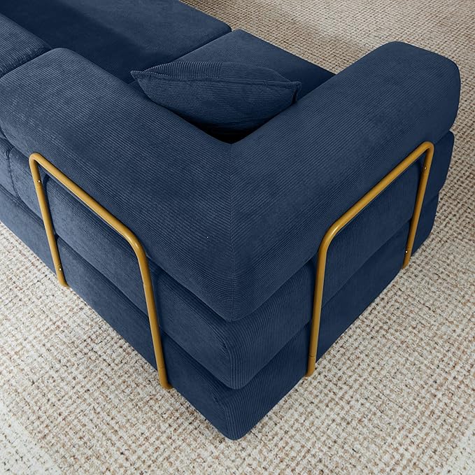 108" Convertible Sleeper Sofa Bed, Corduroy Folding Sofa Bed with Fixed-Shape Frame, Fold Out Floor Mattress Couch, Lazy Compression Sofas for Living Room, Bedroom, No Assembly Required,Blue