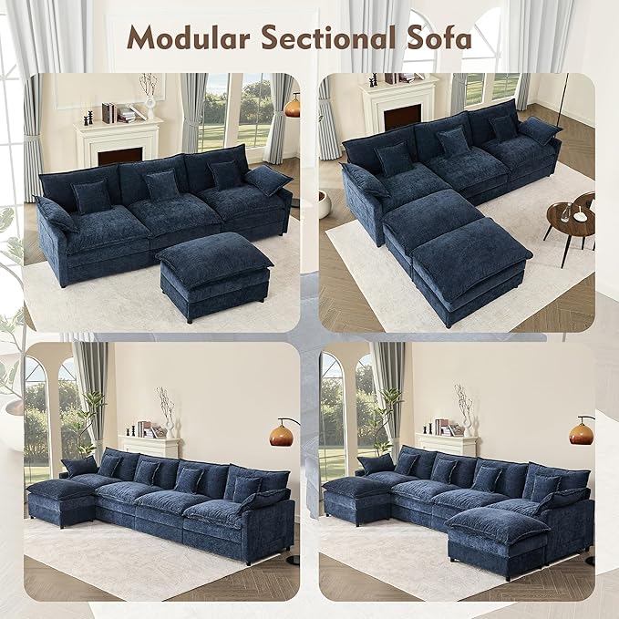 GOSUHI 108" U Shaped Couch, Modular Sectional Sofa, 3-Seater Comfy Cloud Couch with Movable Ottoman, Deep Seat Couches for Living Room, Chenille, Navy