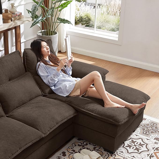 Jarenie 110" Convertible Sectional Sofa, U Shape Cloud Couch, Comfy Couches with Double Chaise and Sleepable Armrests, 4 Seats Sectional Couches for Living Room, Coffee