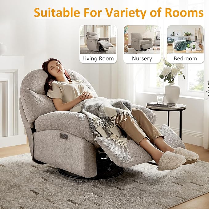 VANOMi Power Recliner Chair with USB & Type-C Charging, 270° Swivel Glider Rocker, Electric Nursery Recliner for Living Room, Bedroom, and Office, Light Gray