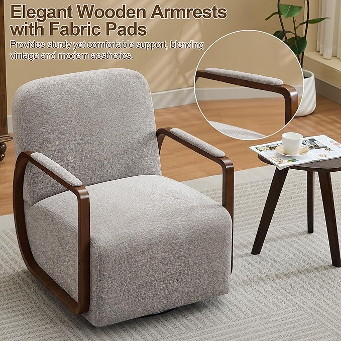 CACFTII 32" Chenille Upholstered Swivel Accent Chairs Set of 2, 360° Rotating Metal Base Modern Lounge Chair with Wooden Armrests for Living Room Bedroom, Brown
