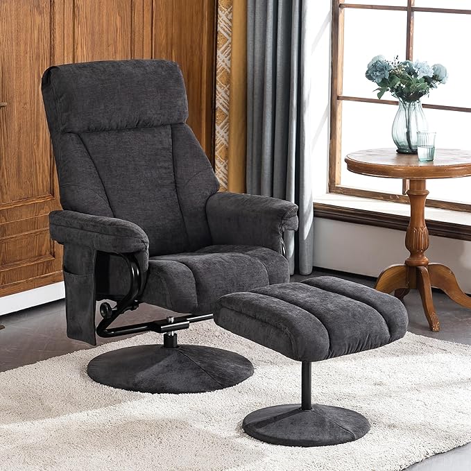 MCombo Swivel Recliner with Ottoman, TV Chair with Vibration Massage, Ideal for RV Small Space, Living Room & Bedroom 4539 4828 (Textile, Dark Grey)