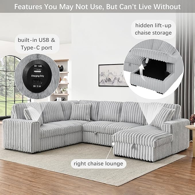 Olodumare Oversized Convertible Sectional Sofa Bed for Living Room, Modern 122'' Corduroy Upholstered U-Shaped Couch with Right Chaise Hidden Storage & Pull-Out Bed, USB & Type-C Port, Ash Grey