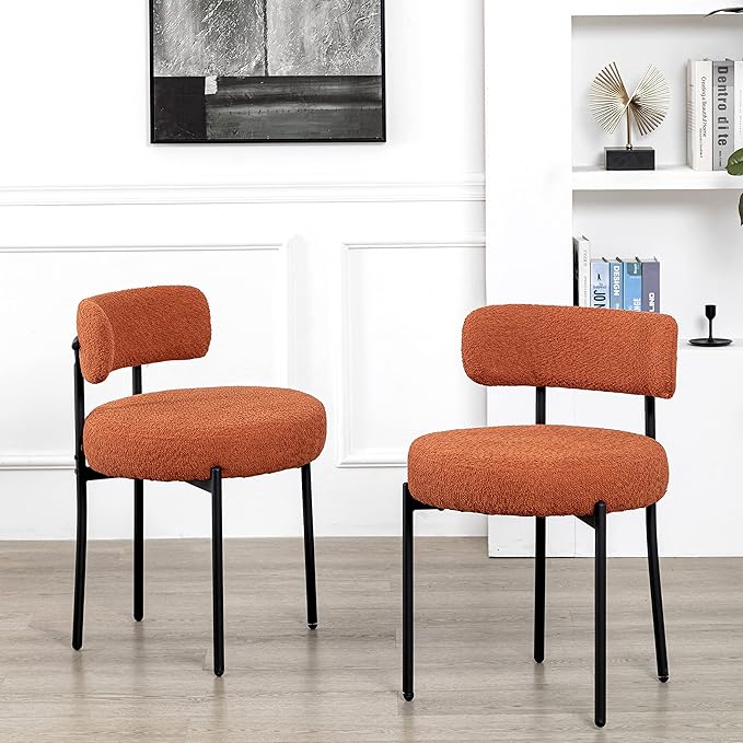 DYHOME Boucle Dining Chairs Set of 4, Upholstered Kitchen Dining Room Chairs, Side Chairs with Thick Cushions and Metal Legs for Kitchen Living Room, Orange