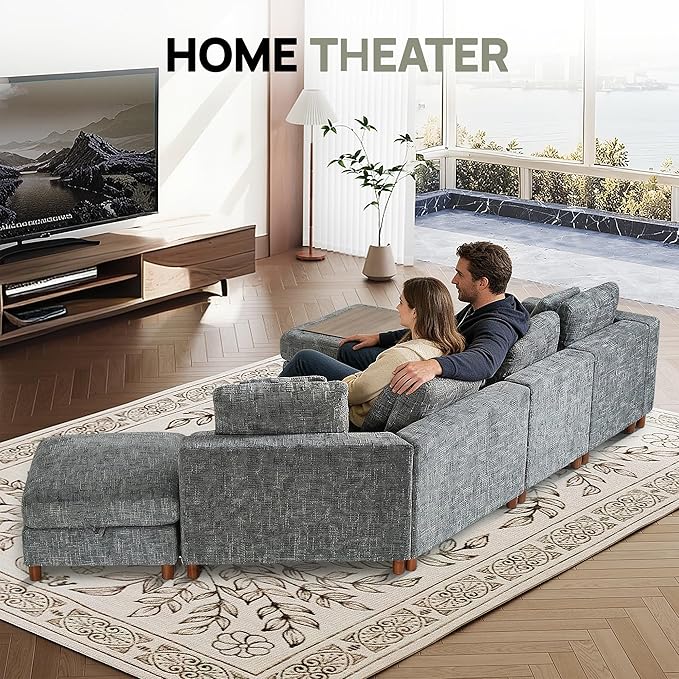 147" Oversized L-Shaped Modular Sectional Sofa, Modern 6-Seater Cloud Couch with 2 Storage Ottomans, Washable Pet-Friendly Fabric for Living Room, Apartment