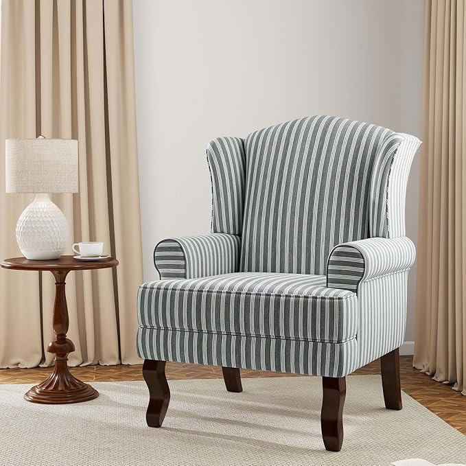 DREAMSIDEA Accent Chair, High Back Upholstered Armchair with High Resilience Sponge & Wood Legs, Mid-Century Modern Comfy Single Sofa Reading Chairs for Living Room, Bedroom (Stripe Grey, Set of 1)