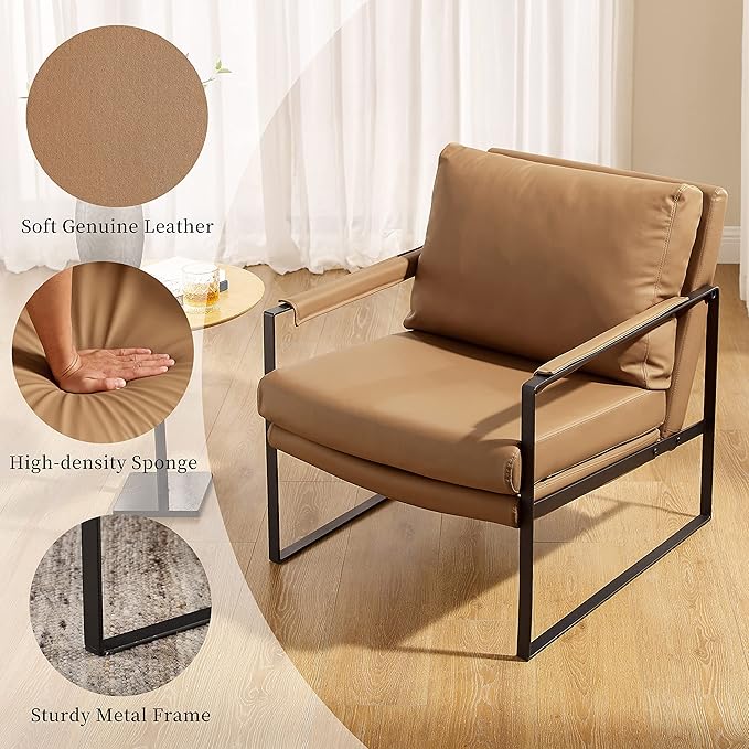 Volans Mid Century Modern Genuine Leather Accent Chair with Arms for Living Room, Metal Frame Armchair Reading Chair, Lounge Chair Single Sofa for Bedroom Office, Khaki
