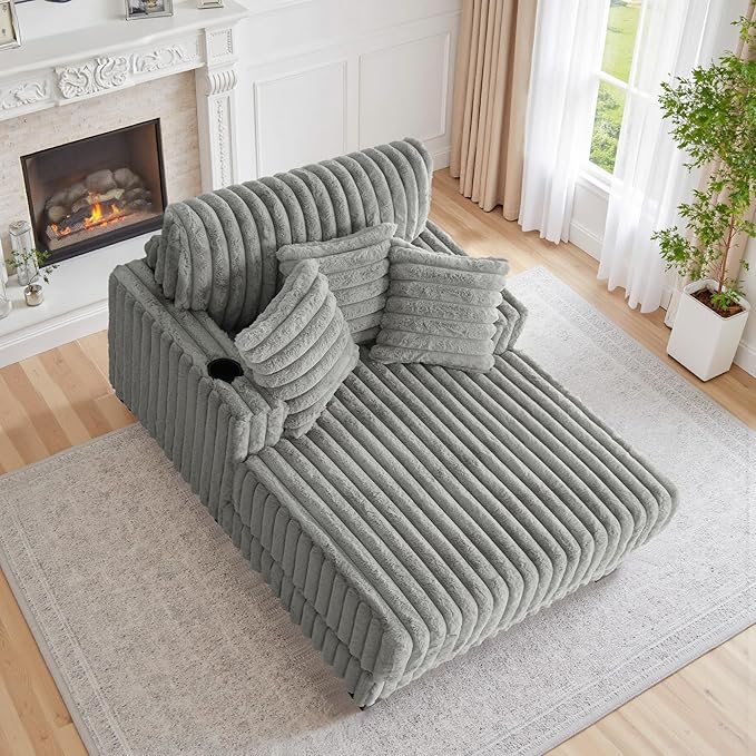 UIXE Chaise Lounge Chair Indoor, Oversized Sleeper Chair with 2 Cup Holders, Faux Fur Upholstered Sofa Bed Comfy Recliner Solid Wood Frame Reading Seat for Living Room, Bedroom - Light Gray