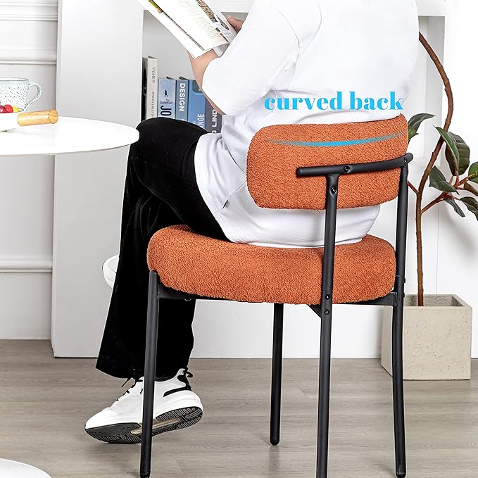 DYHOME Mid-Century Modern Dining Chairs Set of 6, Boucle Dining Chairs Upholstered with Black Metal Legs, Curved Backrest Kitchen Dining Room Chairs, Orange
