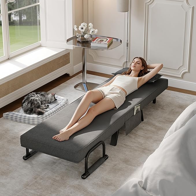 TYBOATLE Sleep Chair Bed, Comfy Convertible Sleeper Chairs for Adults, 5 in 1 Folding Sofa Bed with Adjustable Backrest & Side Pockets & Pillow, Cozy Small Couch for Small Spaces, Office (Dark Grey)