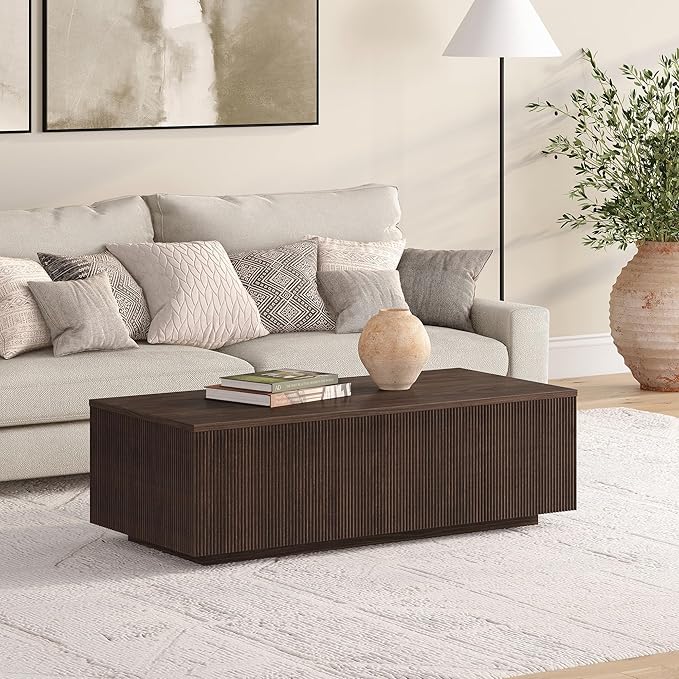 Henn&Hart 48" Fluted Rectangular Low-Profile Coffee Table for Living Room, Family Room, or Office, Alder Brown