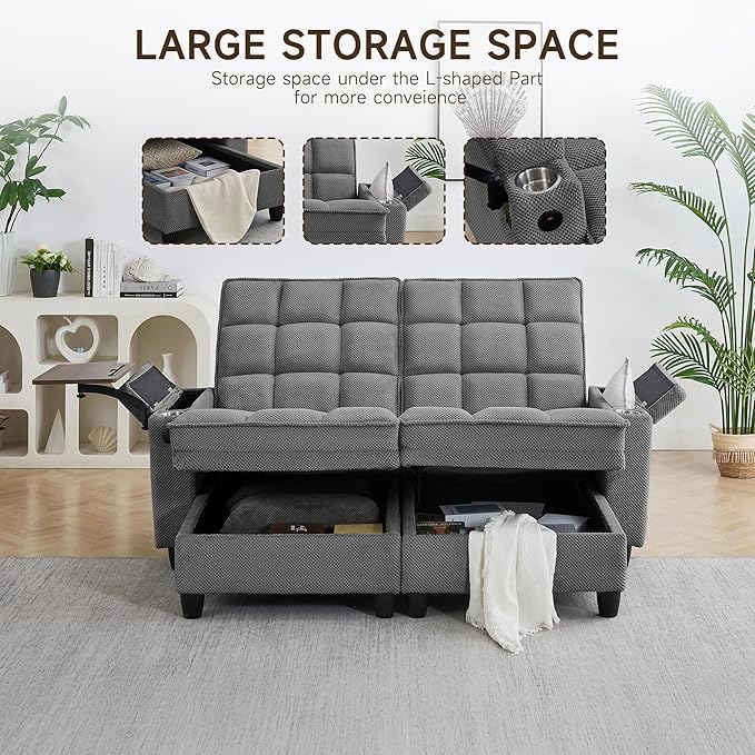 70.9'' Double Chaise Lounge with 360 degree rotatable side table, Comfy Corduroy Indoor Lounge Chair with Armrest Storage, Cup Holder, USB Port, and Pillow for Living Room or Bedroom (dark gray)