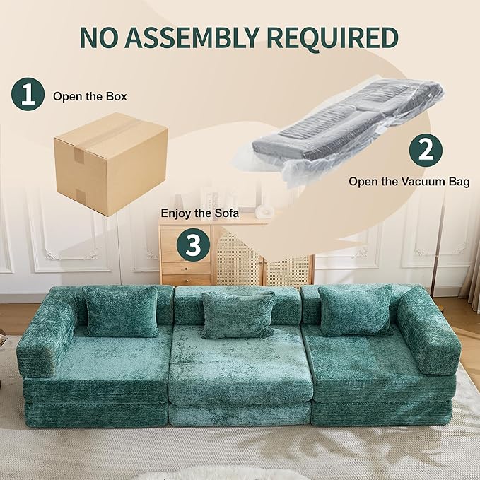 79" Convertible Sofa Bed with Pillows, Corduroy Folding Sleeper Sofa with Fixed-Shape Frame, Boneless Couch for Living Room Bedroom, Floor Sofa Lounge No Assembly Required (Modular Sofa - Green)