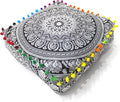 CRAFT KALA Black Elephant Flower Large Hippie Mandala Meditation Floor Ottoman Pillow Cushion Pouf Cover Square Poufs Bohemian Floor Cushion Case Outdoor Fireplace Living Room Decor Cover 18" Square