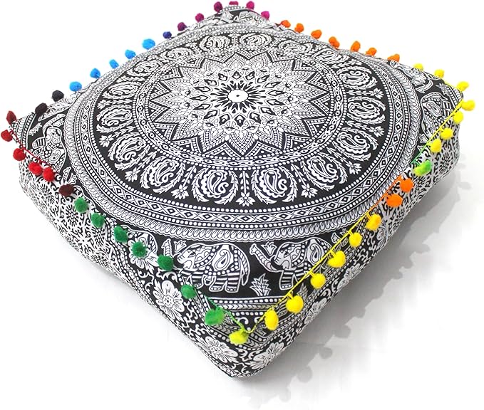 CRAFT KALA Black Elephant Flower Large Hippie Mandala Meditation Floor Ottoman Pillow Cushion Pouf Cover Square Poufs Bohemian Floor Cushion Case Outdoor Fireplace Living Room Decor Cover 18" Square