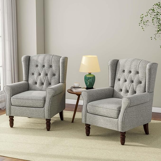 DREAMSIDEA Accent Chair, Upholstered Armchair with Button Tufted High Back & Solid Wood Legs, Comfy Wingback Reading Single Sofa Chair for Small Spaces, Living Room, Bedroom (Light Grey, Set of 2)