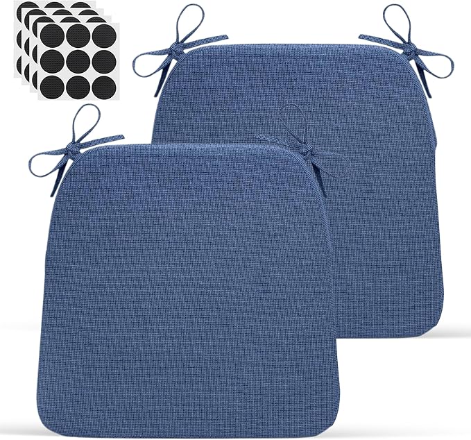 D-Shaped Indoor Chair Cushions 17" x 16" for Kitchen & Dining Chairs – 2'' Thick Seat Pads with Ties & Non-Slip Backing, High-Density Foam, Machine-Washable Covers, Set of 2 with Chair Leg Pads, Blue