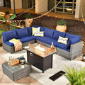 ovios Outdoor 8 Piece Patio Furniture Set with Fire Pit Table,Conversation Sectional Wicker Couch with Coffee Table,Modern Outside Sofa for Balcony Backyard, Navy Blue