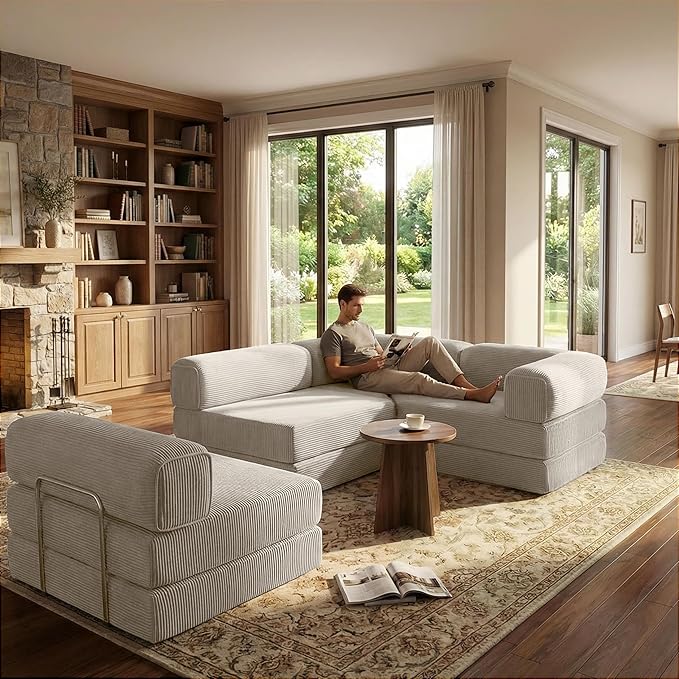 Modular Convertible Sofa Bed 106" L-Shaped with Reversible Chaise, Corduroy Floor Sleeper Boneless Couch, Folding Futon for Living Room, Apartment, Small Spaces, No Assembly Required, Beige