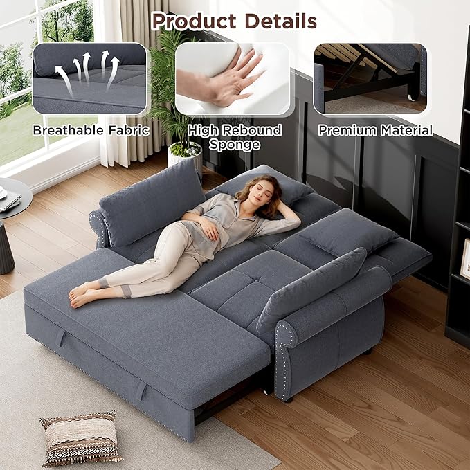 3 in 1 Sofa Bed, 61 Inch Convertible Pull out Couch with Four Pillows, Loveseat Sleeper Sofa with Adjustable Backrest, Sofa Couches for Living Room, Bedroom, Apartment, Chenille Fabric, Grey