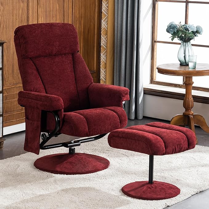 MCombo Swivel Recliner with Ottoman, TV Chair with Vibration Massage, Ideal for RV Small Space, Living Room & Bedroom 4828 (Textile, Burgundy)