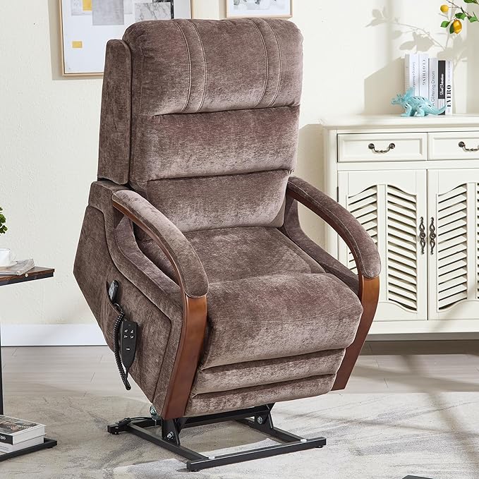 Dual Motor Power Lift Recliner Chair, Lift Chair with Massage and Heat for Elderly, Lay Flat Recliner, Standing Assistance, Infinite Position Reclining, Living Room Chair, Chenille, Brown