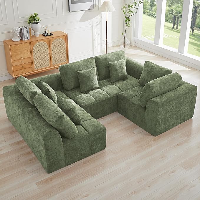 110''Modular Sectional Couches for Living Room, Cloud Boneless Compressed Sectional Sofa, Oversized U Shaped 5 Seater Upholstered Memory Foam Sofa, No Assembly, Chenille Green