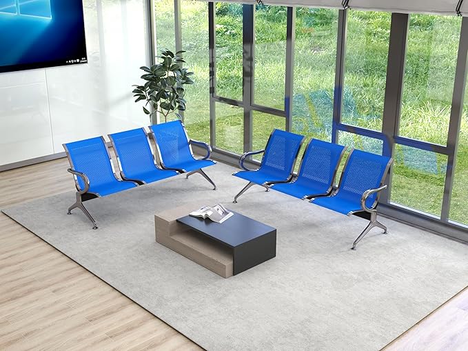 Kinsuite 2pcs 3-Seat Reception Chairs - Waiting Room Chairs with Arms & Stainless Steel Frame, Waiting Room Bench Lobby Chair for Office Airport Bank Hospital, Blue