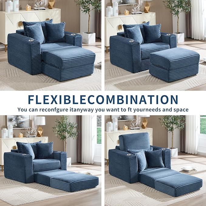 Boneless Chaise Lounge Chair Indoor, All-Foam Convertible Lounge Chair with No Frame, Wide Reclining Floor Lounger for Reading, Napping & Relaxation, No Assembly Needed (Blue)
