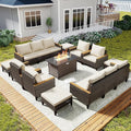 Xmkmvk 15 Piece Patio Sectional Sofa Set with 50000 BTU Fire Pit Table, All-Weather Wicker Rattan Outdoor Conversation Set, High Back, for Garden, Porch, Poolside, Beige