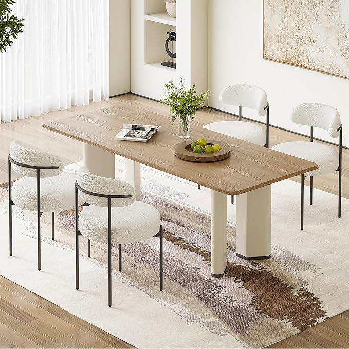 Farini Dining Chairs Set of 4,Mid-Century Modern Kitchen Chair Curved Backrest Round Upholstered Sherpa Dining Chairs with Metal Legs,Beige