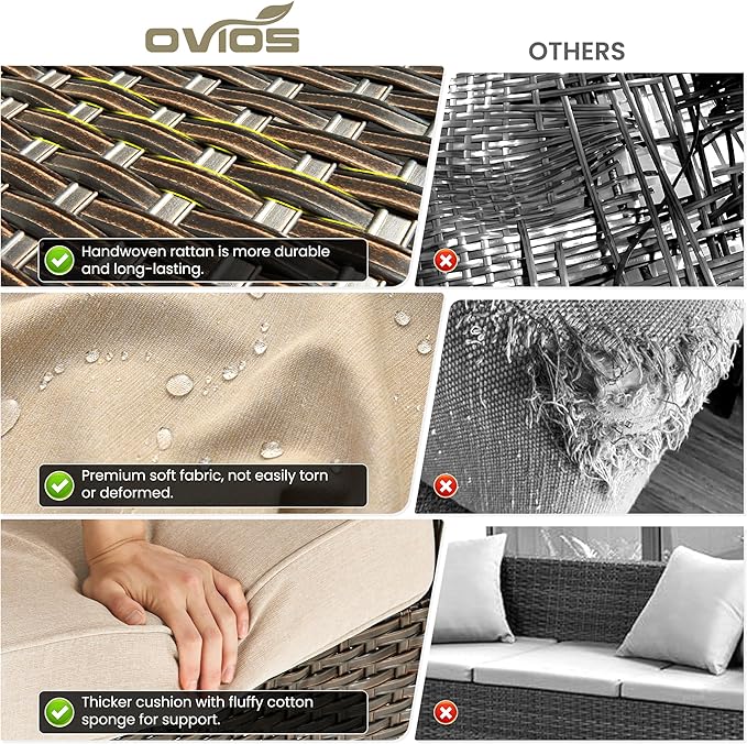 ovios 7 Pieces Patio Furniture Set, Outdoor Wicker Sofa Couch with Swivel Chairs 54" Fire Pit Table, High Back Modern All Weather Conversation Sets, Brown Rattan, Beige