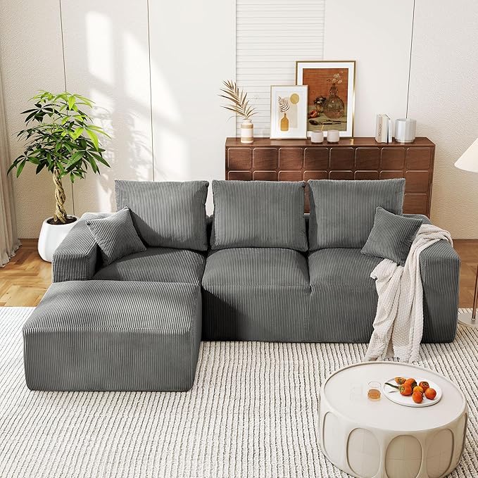WESTSETLUX 108” Cloud Sectional Sofa Couch with High-Seat, Corduroy Modular Sofa with Oversized Chaise, High-Back Modern L-Shaped Couches for Living Room, No Assembly Required (Grey)