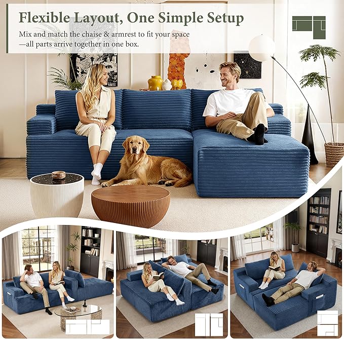 96" Sectional Couches for Living Room Cloud Couch Sofa with L-Shape Upholstered Boneless Couchs Modern Modular Sectional Couch with Chaise (Bule, 96" W+Right Facing Chaise+2Seaters)