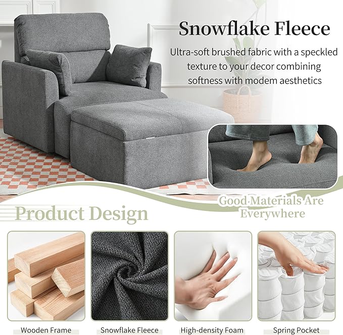 QKFF Modern Oversized Accent Chair with Storage Ottoman & 2 Side Pillows, Snowflake Fleece Upholstered Chaise Lounge Chair, Deep Seat Reading Chair for Living Room, 350lbs Capacity