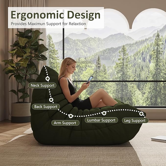 Bean Bag Chair, Oversized Bean Bag Chair for Living Room, Fireside Chair for Adults with Memory Foam Filled, Big Accent Lounge Floor Sofa for Reading, Relax, No Assembly Required. (Green 3-Seater)