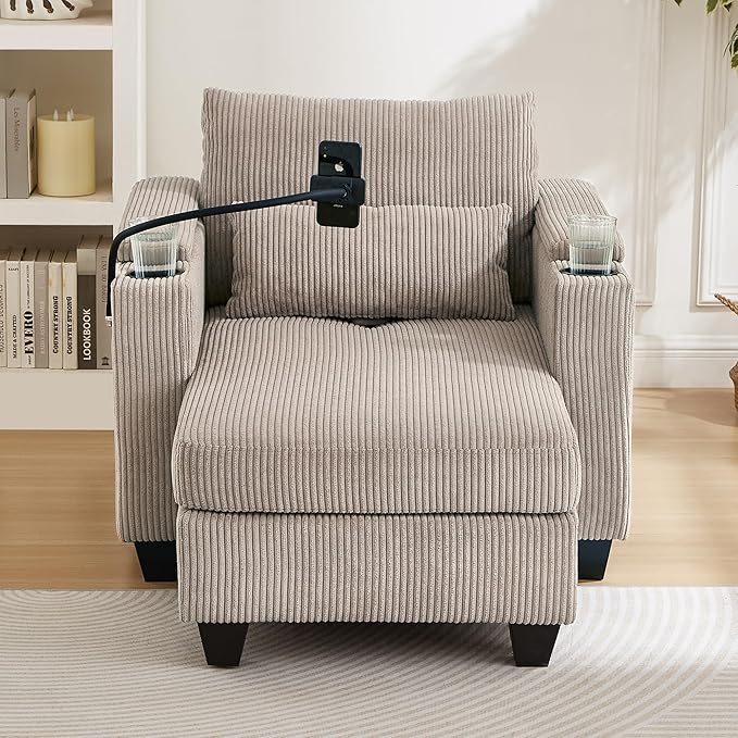 Merax Modern 37.4" Upholstered Indoor Chaise Lounge with USB Ports, Phone & Cup Holders, Single Sofa Couch Sleeper Bed w/Storage Armrest and Soild Legs, Easy Assemble, Brown