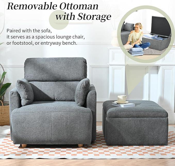 QKFF Modern Oversized Accent Chair with Storage Ottoman & 2 Side Pillows, Snowflake Fleece Upholstered Chaise Lounge Chair, Deep Seat Reading Chair for Living Room, 350lbs Capacity