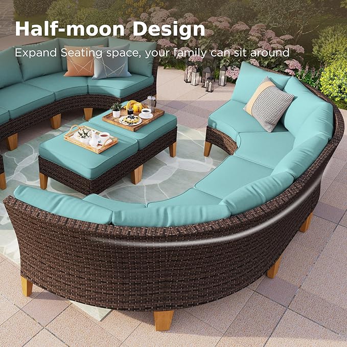 PHI VILLA 10-Piece Wicker Patio Furniture Set, Outdoor Half-Moon Curved Sectional Sofa with 4 Ottomans, 2 One Armrest Seats, 1 Armless Sofa, Large Conversation Seating for Garden or Backyard,Aqua Blue