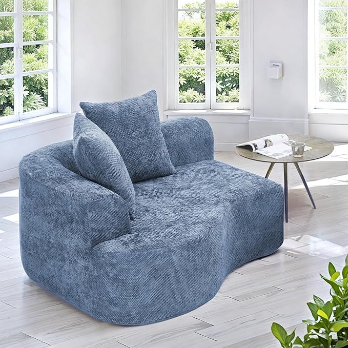 L Shaped Single Sofa, Modern Comfy Chenille Fabric Loveseat Couch, No Assembly Required Small Couch with Deep Seat, 2 Pillows for Living Room, Apartment, Bedroom