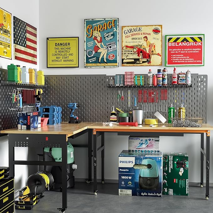 Betterhood 60" Adjustable Workbench on Wheels, 2000 LBS Heavy Duty Work Table with Power Outlets & Pegboard, Rubber Wood Workstation for Garage, Workshop, Office, Home, Commercial